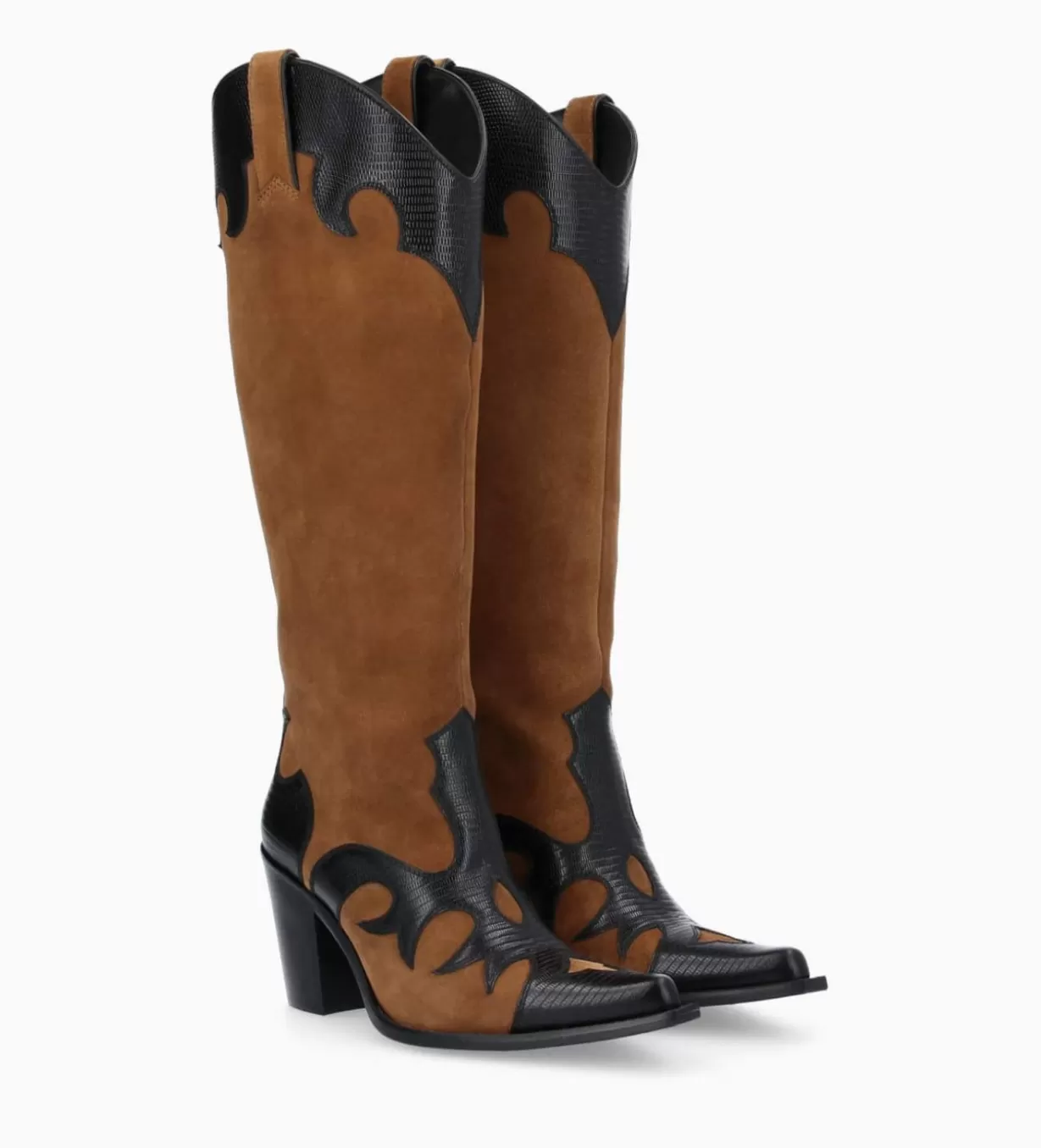FREE LANCE Paris Botte western brodée à talon - Terry 80 - Cuir velours/Cuir imprimé lézard -* Bottes | Bottes