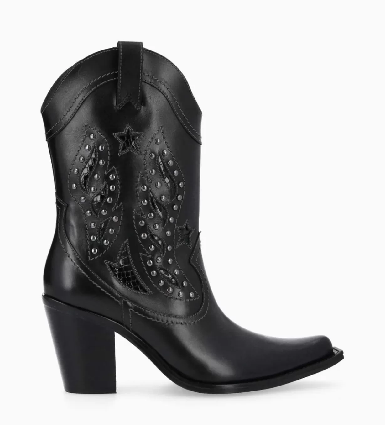 FREE LANCE Paris Bottine western brodée à talon avec clous - Tippi 80 - Cuir de veau lisse/Cuir imprimé serpent -* Boots - Bottines | Santiags