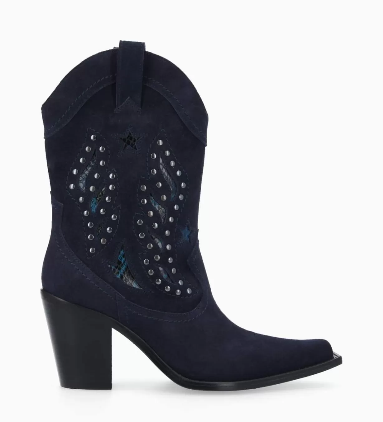 FREE LANCE Paris Bottine western brodée à talon avec clous - Tippi 80 - Cuir velours/Cuir imprimé serpent -* Boots - Bottines | Santiags