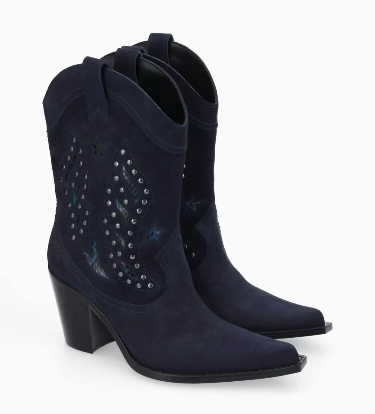 FREE LANCE Paris Bottine western brodée à talon avec clous - Tippi 80 - Cuir velours/Cuir imprimé serpent -* Boots - Bottines | Santiags