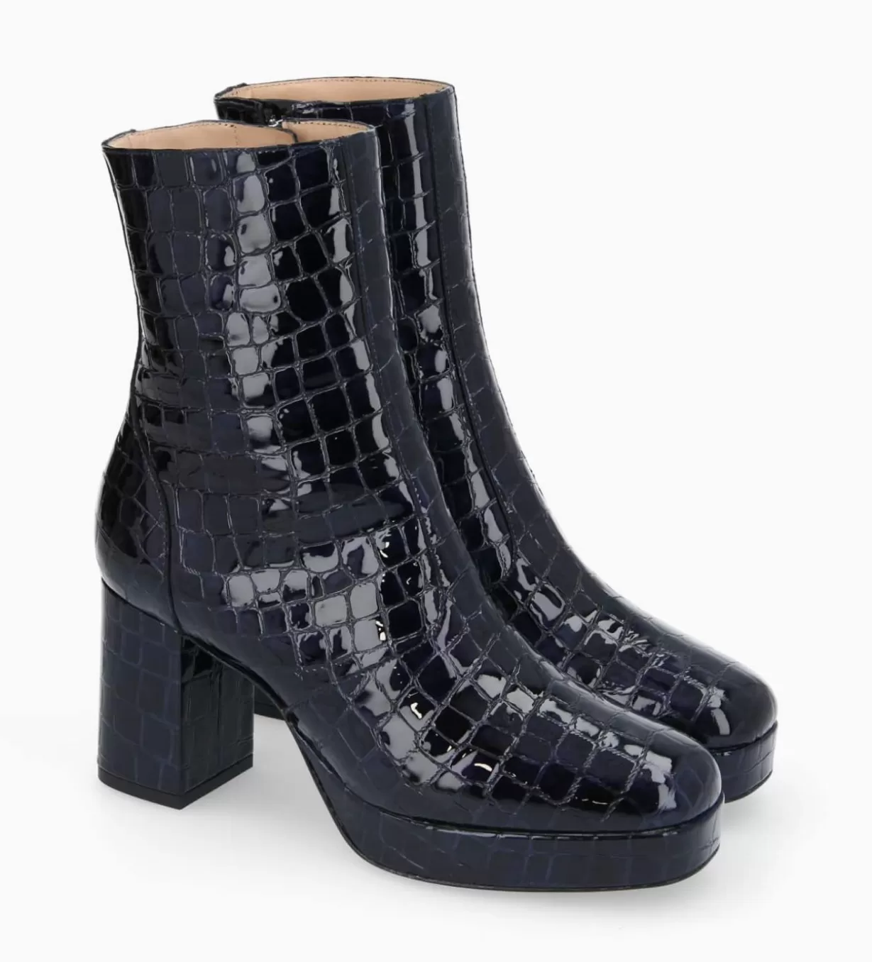 FREE LANCE Paris Bottine zippée à talon - Carlotta 70 - Cuir imprimé crocodile verni - Bleu nuit* Boots - Bottines