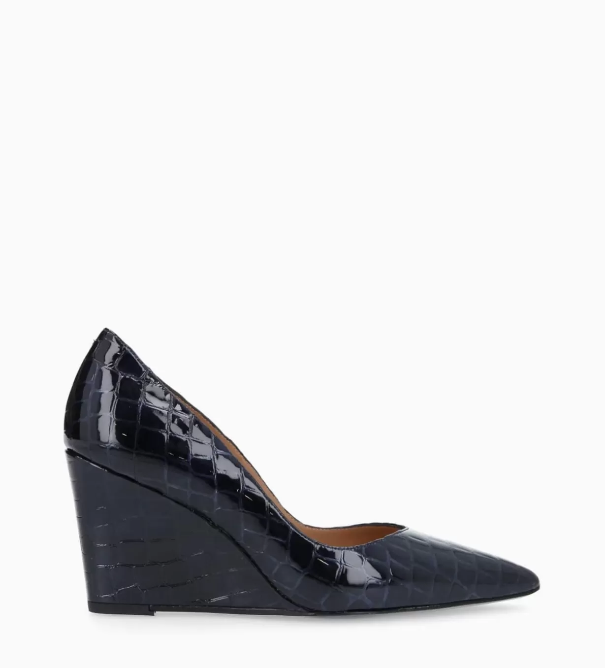 FREE LANCE Paris Escarpin à talon compensé à bout pointu - Francesca 70 - Cuir imprimé crocodile verni - Bleu nuit* Escarpins