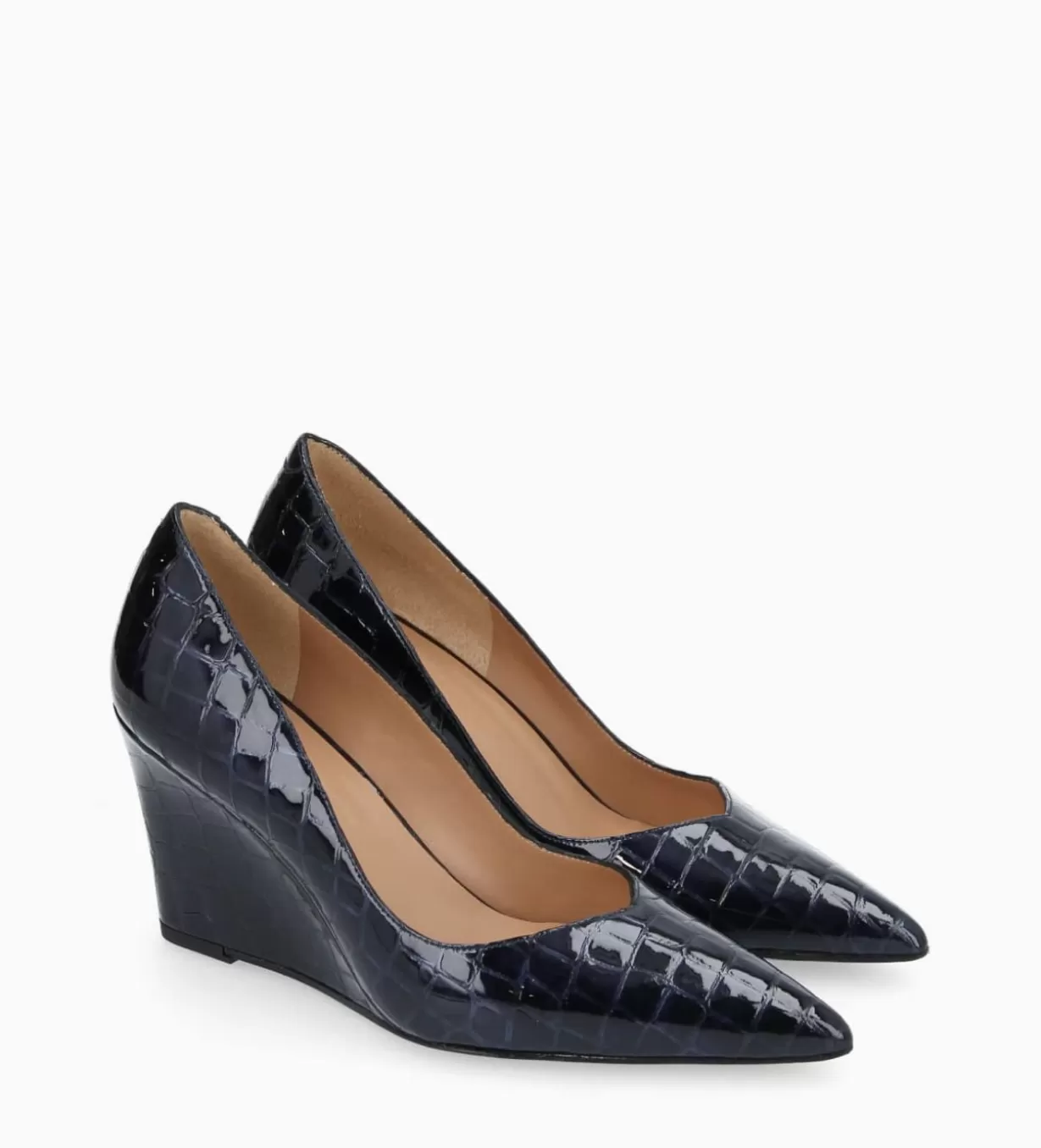 FREE LANCE Paris Escarpin à talon compensé à bout pointu - Francesca 70 - Cuir imprimé crocodile verni - Bleu nuit* Escarpins