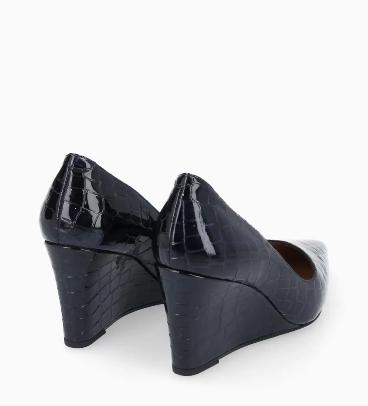 FREE LANCE Paris Escarpin à talon compensé à bout pointu - Francesca 70 - Cuir imprimé crocodile verni - Bleu nuit* Escarpins