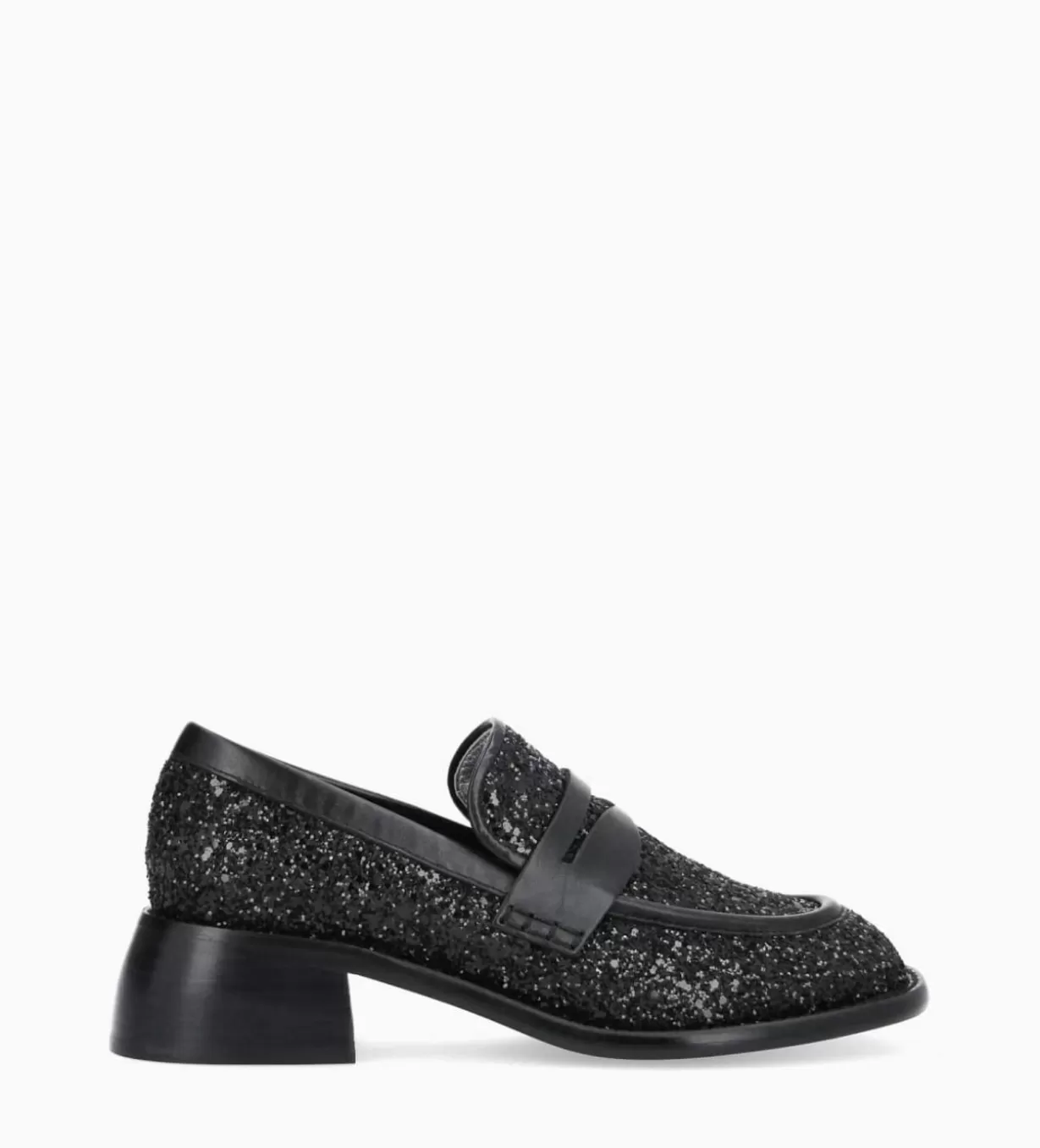 FREE LANCE Paris Mocassin à talon à bout carré - Anaïs 50 - Toile pailletée/Cuir de veau -* Mocassins - Escarpins | Mocassins
