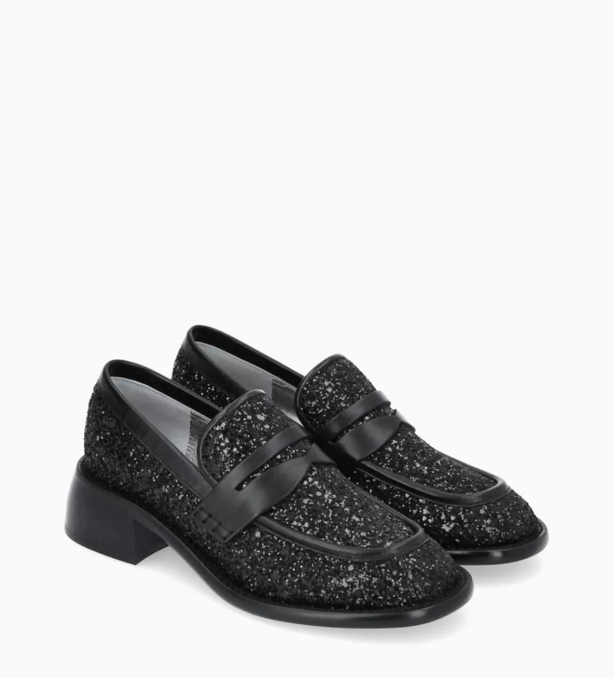 FREE LANCE Paris Mocassin à talon à bout carré - Anaïs 50 - Toile pailletée/Cuir de veau -* Mocassins - Escarpins | Mocassins